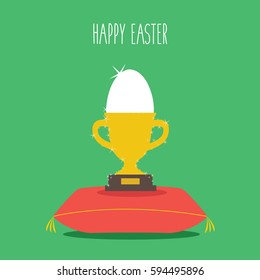 a white funny egg Icon and symbol vector in a golden glowing Vector Trophy Cup emblem & Winning Success in the easter illustration flat design. happy holiday creative & concept 