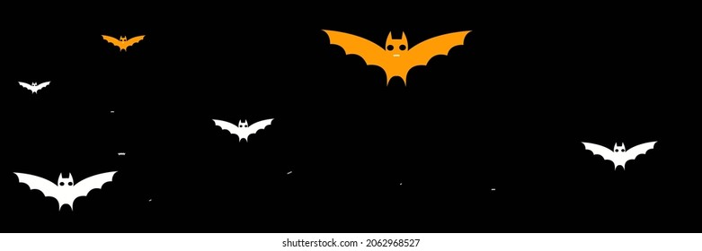 White Funny Faces Orange Sky Backdrop. Spooky Mysterious Cartoon Monster Creepy Bats. Fear Chaos Black Gothic Dracula Halloween Art Illustration. Party Grey Horror Vampire Scary Bats Background.