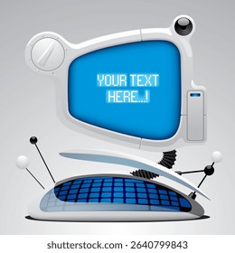 White funny futuristic computer with touch keyboard with blue backlight and oval shaped display. Vector realistic illustration in 3d style. NOT AI generated