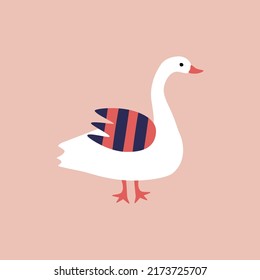 White funny goose hand drawn vector illustration. Cute isolated farm bird in flat style for kids logo or icon.