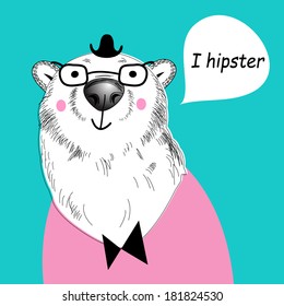 white funny hipster bear on a green background 