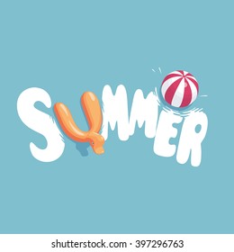 white funny letters with inflatable rubber duck swim ring and a beach ball on blue background, summer vector illustration