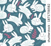 White funny rabbits seamless pattern on dark blue. Lovely cute animals. Winter season. Pink leaves decor. Simple childish hares with floral elements. Running, sleeping, itching rabbits.