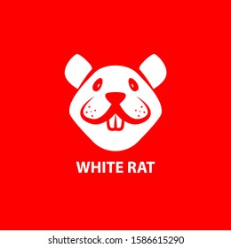 White Funny Rat Muzzle on a red background. Front View.  Vector Linear Mouse Face as a Symbol of Chinese New Year.