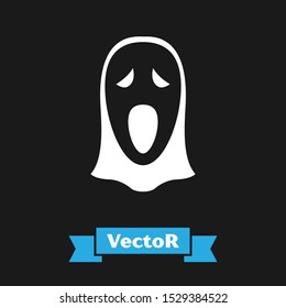 White Funny and scary ghost mask for Halloween icon isolated on black background. Happy Halloween party.  Vector Illustration