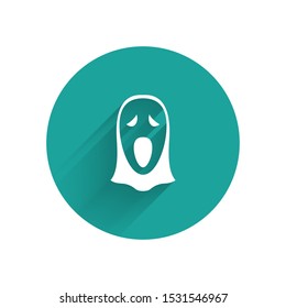 White Funny and scary ghost mask for Halloween icon isolated with long shadow. Happy Halloween party. Green circle button. Vector Illustration