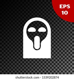 White Funny and scary ghost mask for Halloween icon isolated on transparent dark background. Happy Halloween party.  Vector Illustration