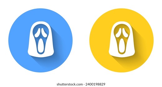 White Funny and scary ghost mask for Halloween icon isolated with long shadow background. Happy Halloween party. Circle button. Vector