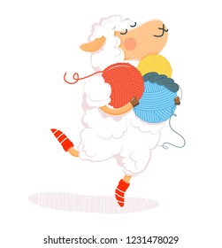 white funny sheep with balls of yarn.Vector illustration. Isolated on white background.Cartoon style