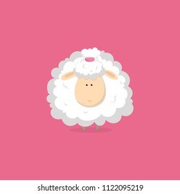 White funny sheep isolated on pink background. Vector cute Illustration