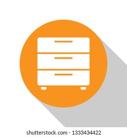 White Furniture nightstand icon isolated on white background. Orange circle button. Flat design. Vector Illustration