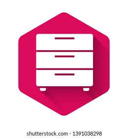 White Furniture nightstand icon isolated with long shadow. Pink hexagon button. Vector Illustration