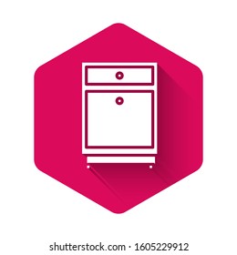 White Furniture nightstand icon isolated with long shadow. Pink hexagon button. Vector Illustration