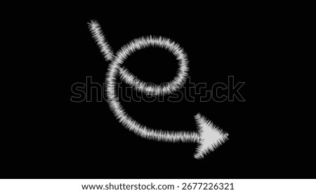 White Furry Arrow Looping Clockwise on Black Background – Directional Path Symbol with Soft Textured Design