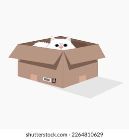 White furry cat in opened box. Cat inside opened cardboard package box. vector illustration cat concept