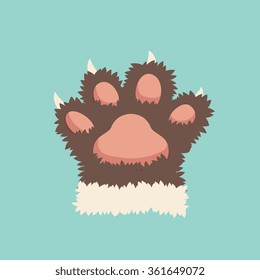 white furry kitten paw. isolated on blue sea color background, simple cartoon flat style, vector illustration art.