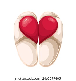 Zapatillas blancas peludas con media caricatura de corazón rojo. Divertida decoración romántica de partes conectadas del corazón, regalo para el día de San Valentín y mascota de accesorios para el hogar, Ilustración vectorial de zapatillas de dibujos animados