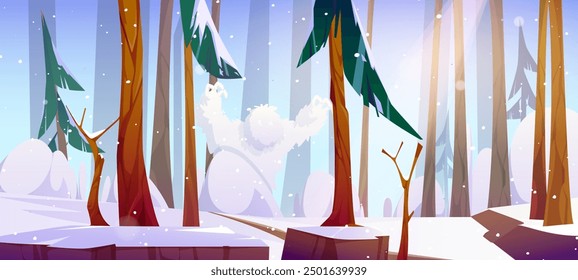 White furry yeti in winter forest with snow on trees and ground on sunny day. Cartoon vector illustration cold season woods landscape with scary hairy bigfoot. Sasquatch monster among firs and bushes.