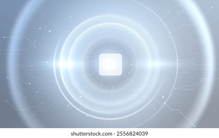 White futuristic blurred circle round vector ai technology background. Gray blue glowing circles with chip central CPU and circuit board light design.