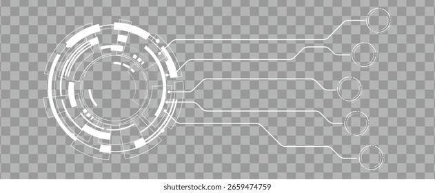 White futuristic HUD interface with connecting lines on transparent background. Technology data flow concept