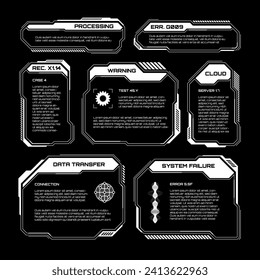 White futuristic HUD, UI elements. Sci-fi user interface text boxes, callouts. Warning message frames, information boxes template. Modern game interface layout in digital style. Vector illustration