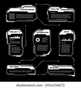 White futuristic HUD, UI elements. Sci-fi user interface text boxes, callouts. Warning message frames, information boxes template. Modern game interface layout in digital style. Vector illustration