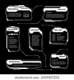 White futuristic HUD, UI elements. Sci-fi user interface text boxes, callouts. Warning message frames, information boxes template. Modern game interface layout in digital style. Vector illustration