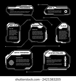 Weiße futuristische HUD, UI-Elemente. Textfelder für die Sci-fi-Benutzeroberfläche, Tastenkombinationen. Meldungsrahmen, Vorlage für Informationsfelder. Modernes Interface im digitalen Stil. Vektorgrafik