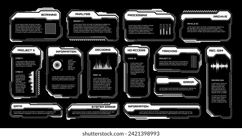 White futuristic HUD, UI elements. Sci-fi user interface text boxes, callouts. Warning message frames, information boxes template. Modern game interface layout in digital style. Vector illustration
