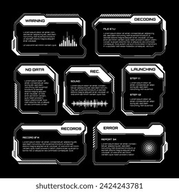 Weiße futuristische HUD, UI-Elemente. Textfelder für die Sci-fi-Benutzeroberfläche, Tastenkombinationen. Meldungsrahmen, Vorlage für Informationsfelder. Modernes Interface im digitalen Stil. Vektorgrafik
