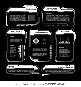 Hud futurista blanco, elementos de la interfaz de usuario. Interfaz de usuario de ciencia ficción, cuadros de texto, llamadas. Marcos de mensajes de advertencia, plantilla de cuadros de información. Diseño de interfaz de juego moderno en estilo digital. Ilustración de vector