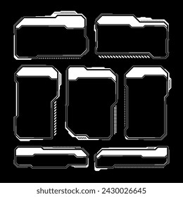 Hud futurista blanco, elementos de la interfaz de usuario. Interfaz de usuario de ciencia ficción, cuadros de texto, llamadas. Marcos de mensajes de advertencia, plantilla de cuadros de información. Diseño de interfaz de juego moderno en estilo digital. Ilustración de vector