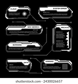 White futuristic HUD, UI elements. Sci-fi user interface text boxes, callouts. Warning message frames, information boxes template. Modern game interface layout in digital style. Vector illustration