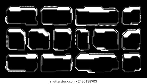 White futuristic HUD, UI elements. Sci-fi user interface text boxes, callouts. Warning message frames, information boxes template. Modern game interface layout in digital style. Vector illustration