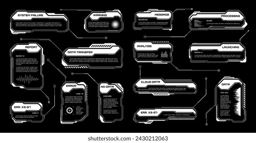 White futuristic HUD, UI elements. Sci-fi user interface text boxes, callouts. Warning message frames, information boxes template. Modern game interface layout in digital style. Vector illustration