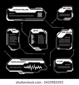 White futuristic HUD, UI elements. Sci-fi user interface text boxes, callouts. Warning message frames, information boxes template. Modern game interface layout in digital style. Vector illustration