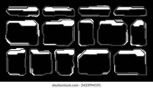 White futuristic HUD, UI elements. Sci-fi user interface text boxes, callouts. Warning message frames, information boxes template. Modern game interface layout in digital style. Vector illustration