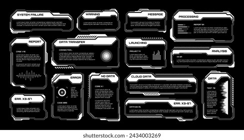 White futuristic HUD, UI elements. Sci-fi user interface text boxes, callouts. Warning message frames, information boxes template. Modern game interface layout in digital style. Vector illustration