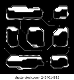 White futuristic HUD, UI elements. Sci-fi user interface text boxes, callouts. Warning message frames, information boxes template. Modern game interface layout in digital style. Vector illustration