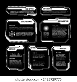 White futuristic HUD, UI elements. Sci-fi user interface text boxes, callouts. Warning message frames, information boxes template. Modern game interface layout in digital style. Vector illustration