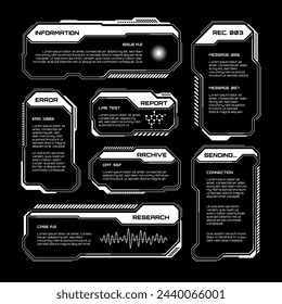 White futuristic HUD, UI elements. Sci-fi user interface text boxes, callouts. Warning message frames, information boxes template. Modern game interface layout in digital style. Vector illustration