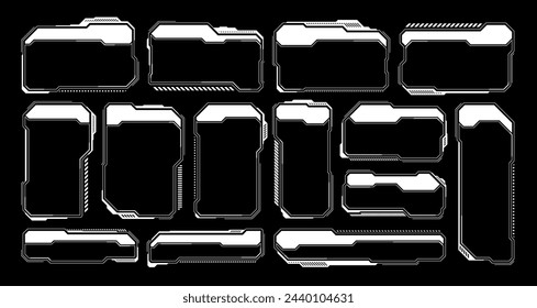 Hud futurista blanco, elementos de la interfaz de usuario. Interfaz de usuario de ciencia ficción, cuadros de texto, llamadas. Marcos de mensajes de advertencia, plantilla de cuadros de información. Diseño de interfaz de juego moderno en estilo digital. Ilustración de vector