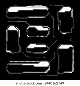 Hud futurista blanco, elementos de la interfaz de usuario. Interfaz de usuario de ciencia ficción, cuadros de texto, llamadas. Marcos de mensajes de advertencia, plantilla de cuadros de información. Diseño de interfaz de juego moderno en estilo digital. Ilustración de vector