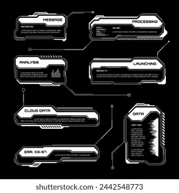 White futuristic HUD, UI elements. Sci-fi user interface text boxes, callouts. Warning message frames, information boxes template. Modern game interface layout in digital style. Vector illustration