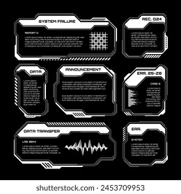 White futuristic HUD, UI elements. Sci-fi user interface text boxes, callouts. Warning message frames, information boxes template. Modern game interface layout in digital style. Vector illustration