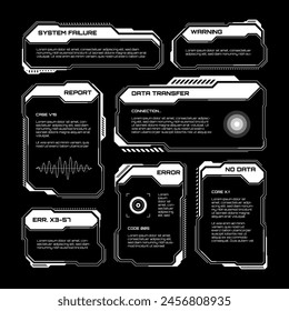 White futuristic HUD, UI elements. Sci-fi user interface text boxes, callouts. Warning message frames, information boxes template. Modern game interface layout in digital style. Vector illustration