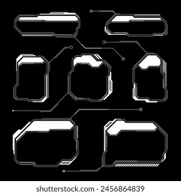 White futuristic HUD, UI elements. Sci-fi user interface text boxes, callouts. Warning message frames, information boxes template. Modern game interface layout in digital style. Vector illustration