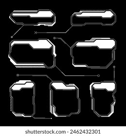 White futuristic HUD, UI elements. Sci-fi user interface text boxes, callouts. Warning message frames, information boxes template. Modern game interface layout in digital style. Vector illustration