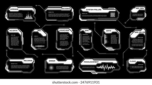 White futuristic HUD, UI elements. Sci-fi user interface text boxes, callouts. Warning message frames, information boxes template. Modern game interface layout in digital style. Vector illustration