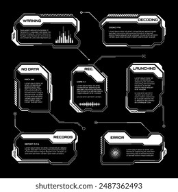 White futuristic HUD, UI elements. Sci-fi user interface text boxes, callouts. Warning message frames, information boxes template. Modern game interface layout in digital style. Vector illustration
